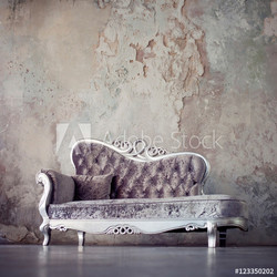 Grunge Styled Interior. Beautiful sofa in classical style on a background of textured walls