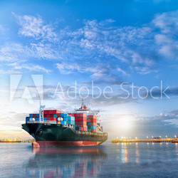 Logistics and transportation of International Container Cargo ship in the ocean at twilight sky, Freight Transportation, Shipping