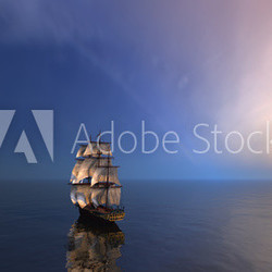 3d rendering of sailing ship in the vast ocean with small waves