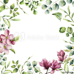 Watercolor floral frame with herbs and flowers. Hand painted plant card with eucalyptus, fern, spring greenery branches, cherry blossom and magnolia isolated on white background. 
