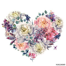 Watercolor Heart made of Peonies and Lilac