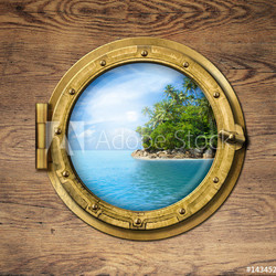 boat window or porthole with tropical island