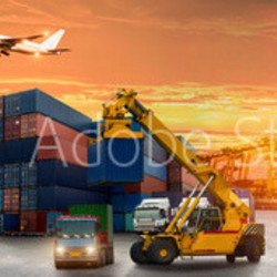 Logistics and transportation of Container Cargo ship and Cargo plane with working crane bridge in shipyard at sunrise, logistic import export and transport industry background