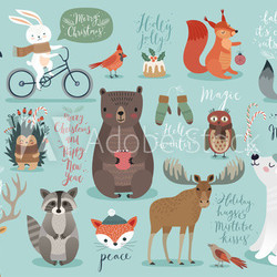 Christmas set, hand drawn style - calligraphy, animals and other elements.