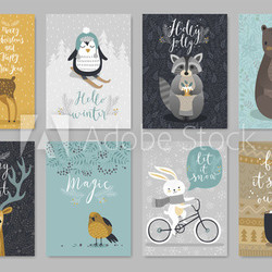 Christmas animals card set, hand drawn style..