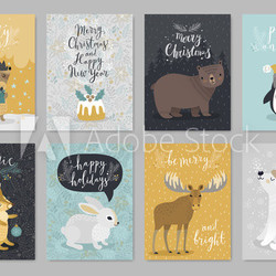 Christmas animals card set, hand drawn style.