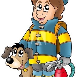 Firefighter with dog and extinguisher