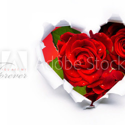 Art banner design of red roses and the paper heart on Valentine