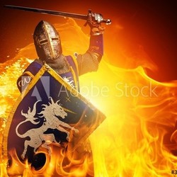Medieval knight in attack position on fire background.