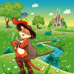 Puss in boots and background. Cartoon vector illustration.