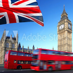 Big Ben with city bus and flag of England, London