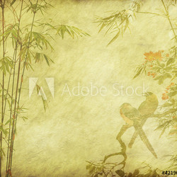 birds and Silhouette of branches of a bamboo on paper background