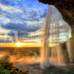 Seljalandfoss waterfall at sunset in HDR, Iceland
