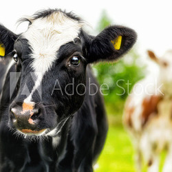 Young curious calfs on background of green grass