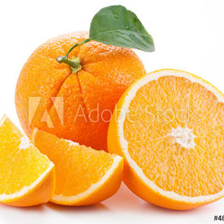 Orange with leaf on a white background.