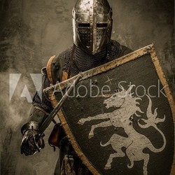 Medieval knight with sword and shield against stone wall