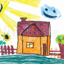 Rural house and smiling sun. child's drawing.