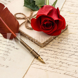 red rose flower, old letters and antique feather pen
