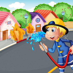 The fireman holding a hose rescuing a village on fire