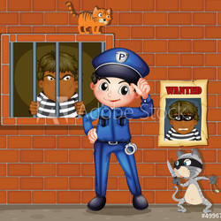 A policeman in front of a jail with two cats