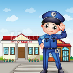A police officer in front of a police station