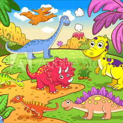 Cute dinosaurs in prehistoric scene