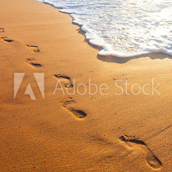 beach, wave and footsteps at sunset time