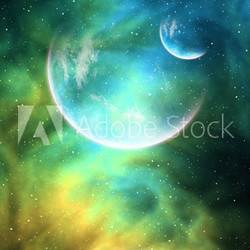 Hintergrund mit Planet, Mond und Nebel