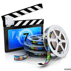 Clapper board and film reel with filmstrip