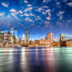 Spectacular sunset view of lower Manhattan skyline from Brooklyn