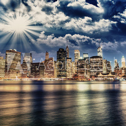Spectacular sunset view of lower Manhattan skyline from Brooklyn