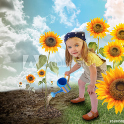 Little Sunflower Gardener Girl in Nature
