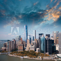 Wonderful summer sunset aerial view of lower Manhattan skyscrape