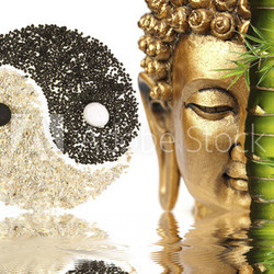 décor zen : Bouddha, bambou, symbole yin yang