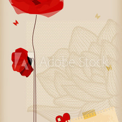 Floral background, poppies and butterfly romantic card, retro st