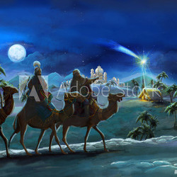 Illustration of the holy family and three kings