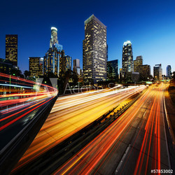 City of Los Angeles California at sunset with light trails