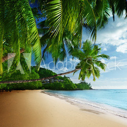 sunset on beach Anse Takamaka of Mahe island, seychelles