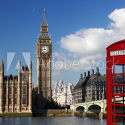 Big Ben with red telephone box in London, England