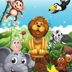 A lion above the stump surrounded with playful animals