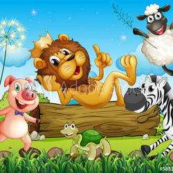 A king lion surrounded with animals