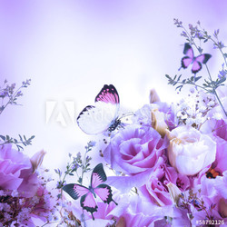 Bouquet of pink roses and butterfly, floral background