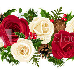 Christmas horizontal seamless background with roses. Vector.