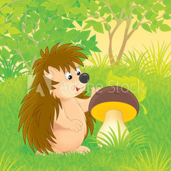 hedgehog with a mushroom in a forest glade