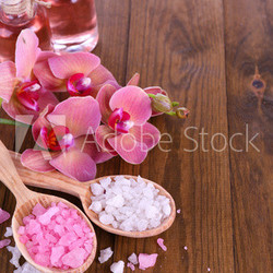 Spa treatments on color wooden background