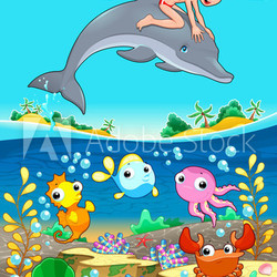 Boy and dolphin with fish unde the sea.