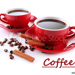 Red cups of strong coffee and coffee beans isolated on white