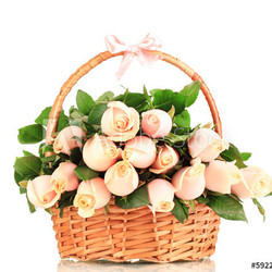 Beautiful bouquet of roses in basket, isolated on white