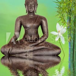 bouddha noir, lotus et bambou