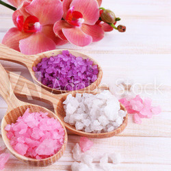 Still life with beautiful blooming orchid flower  and wooden